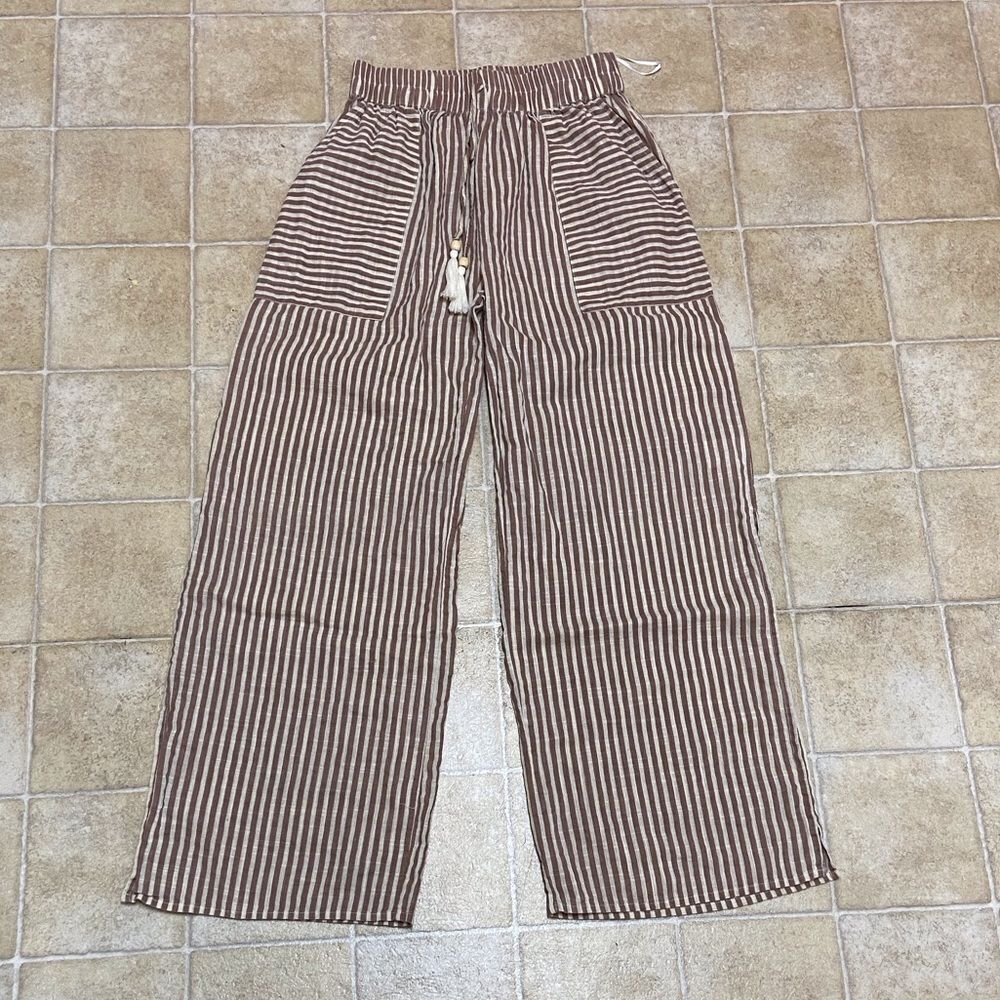 Salty Lemon Brown and White Striped Wide-Leg Pants Size Small